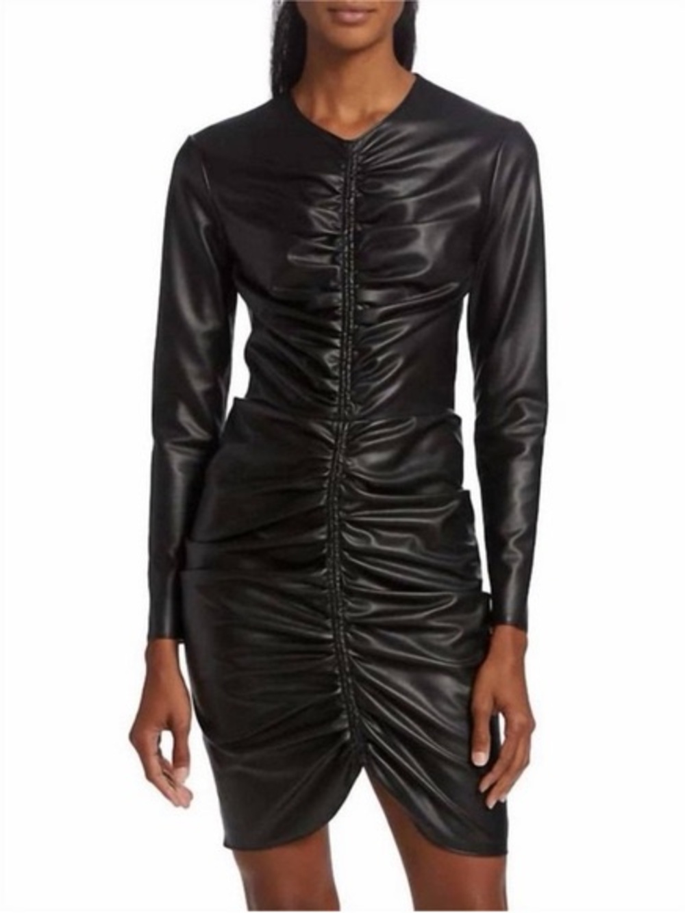 Veronica Beard Black Faux Leather Ruched Long-Sleeve Mini Dress